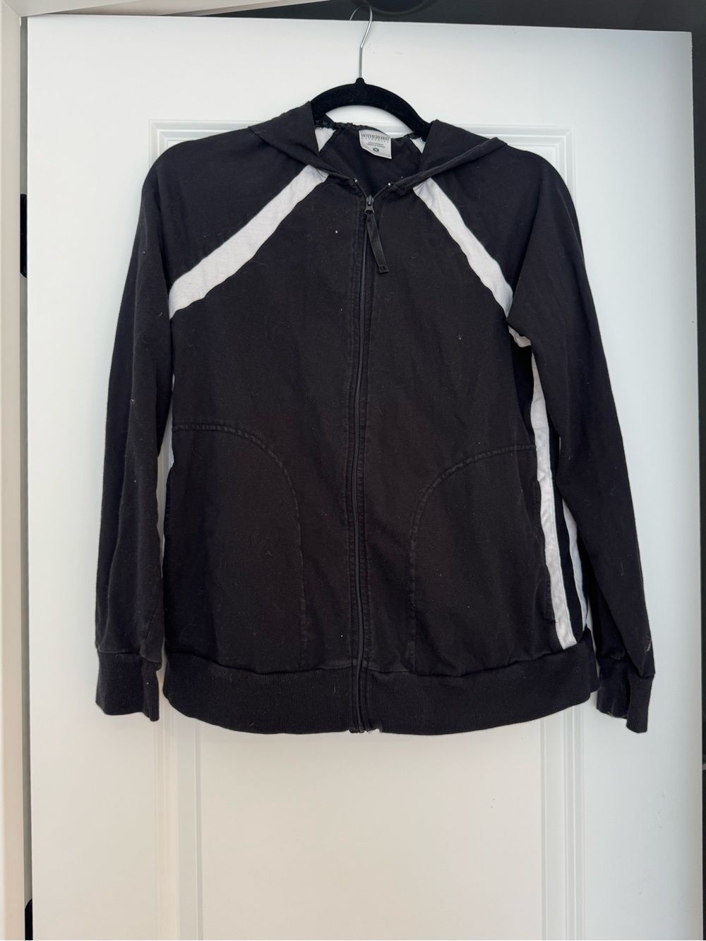 Maternity Black Zip Hoodie with White Stripe Accents